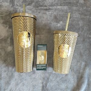 COMPLETE SET! Starbucks Gold Bling Studded Tumblers& Matching Ornament 2022